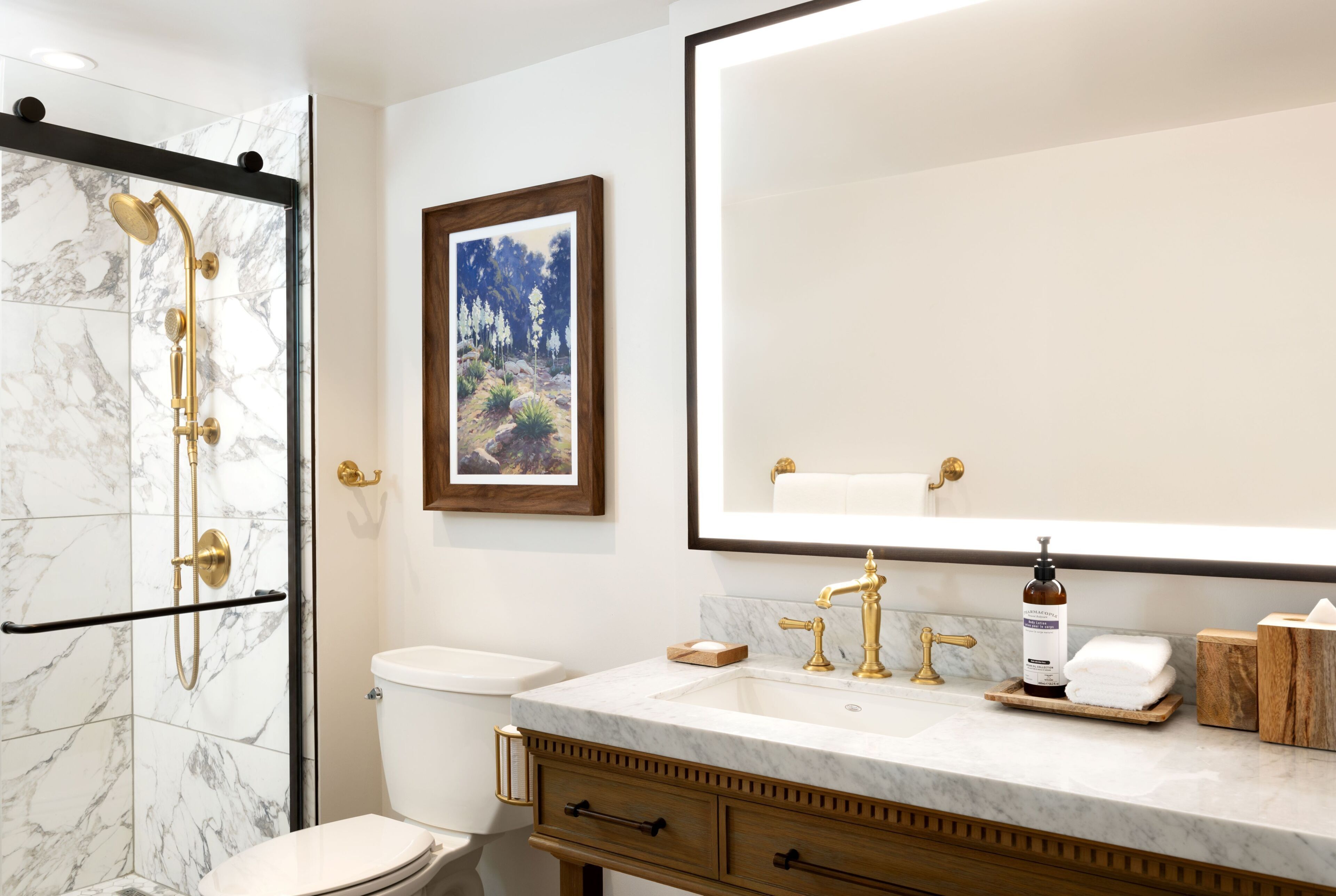Designer toiletries, hair dryer, towels