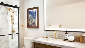 Designer toiletries, hair dryer, towels