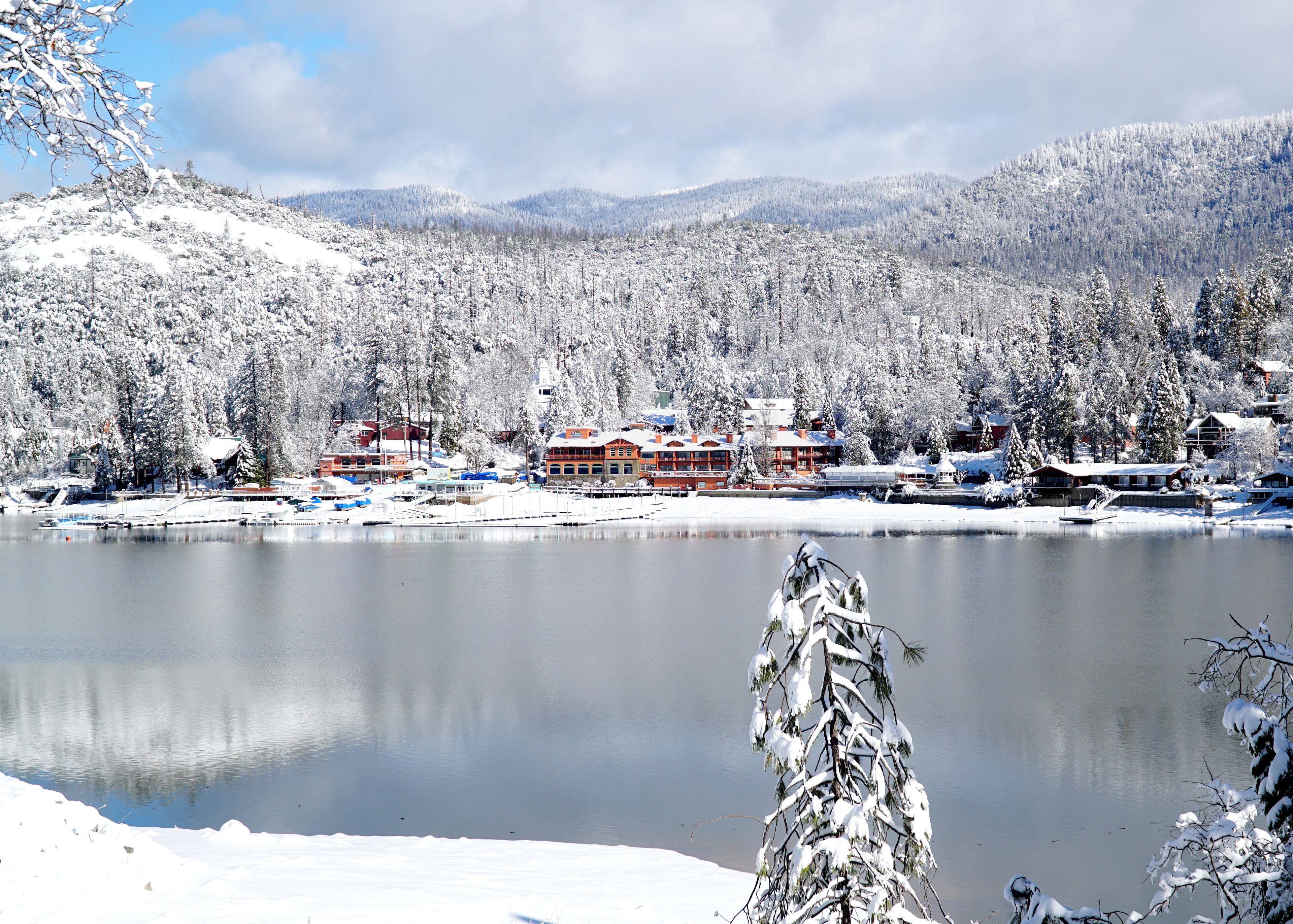 A winter resort with a lake, snow-covered trees, and buildings in the background.
