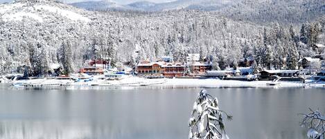 A winter resort with a lake, snow-covered trees, and buildings in the background.