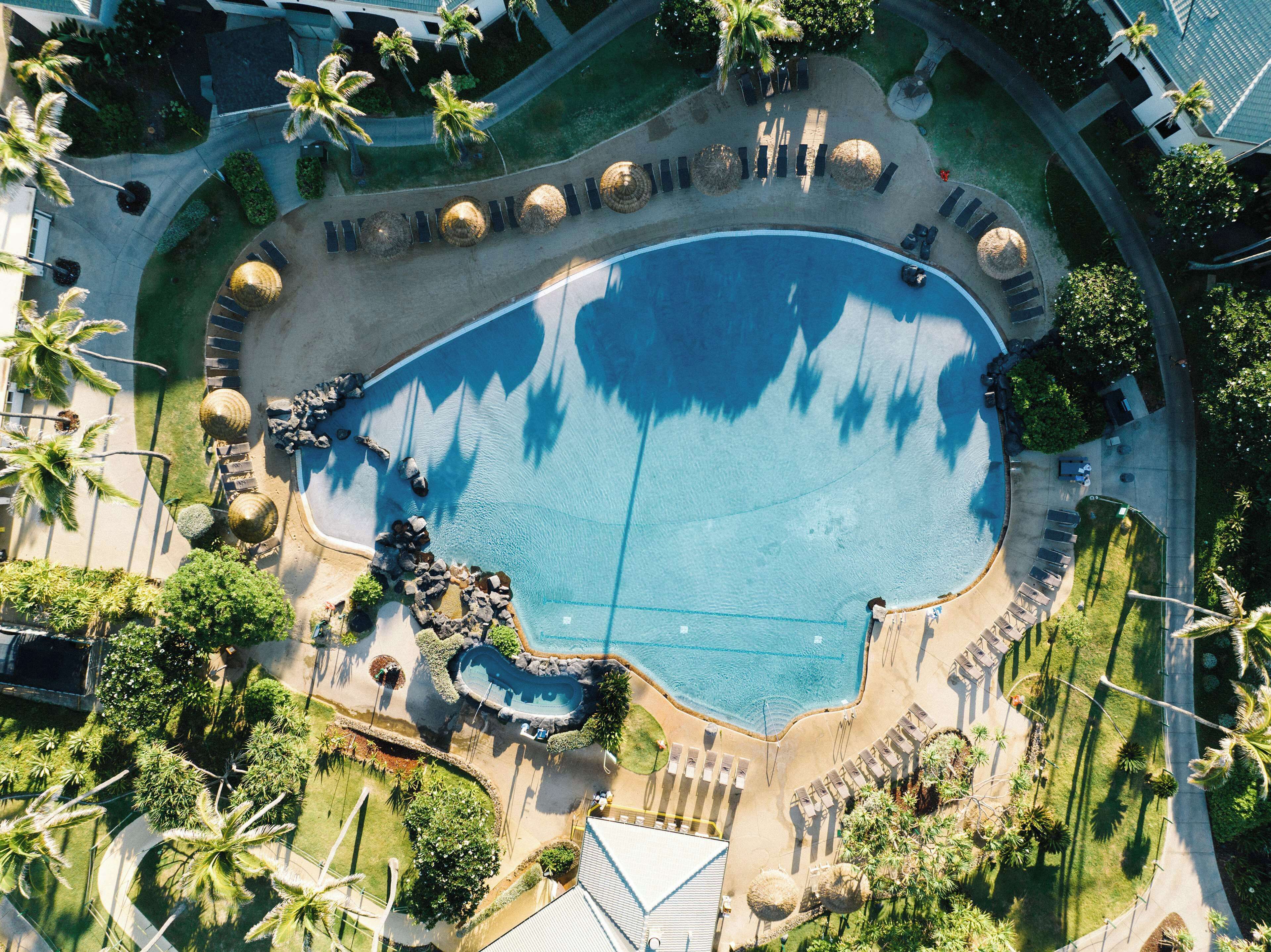 outdoor pool, pool umbrellas, pool loungers