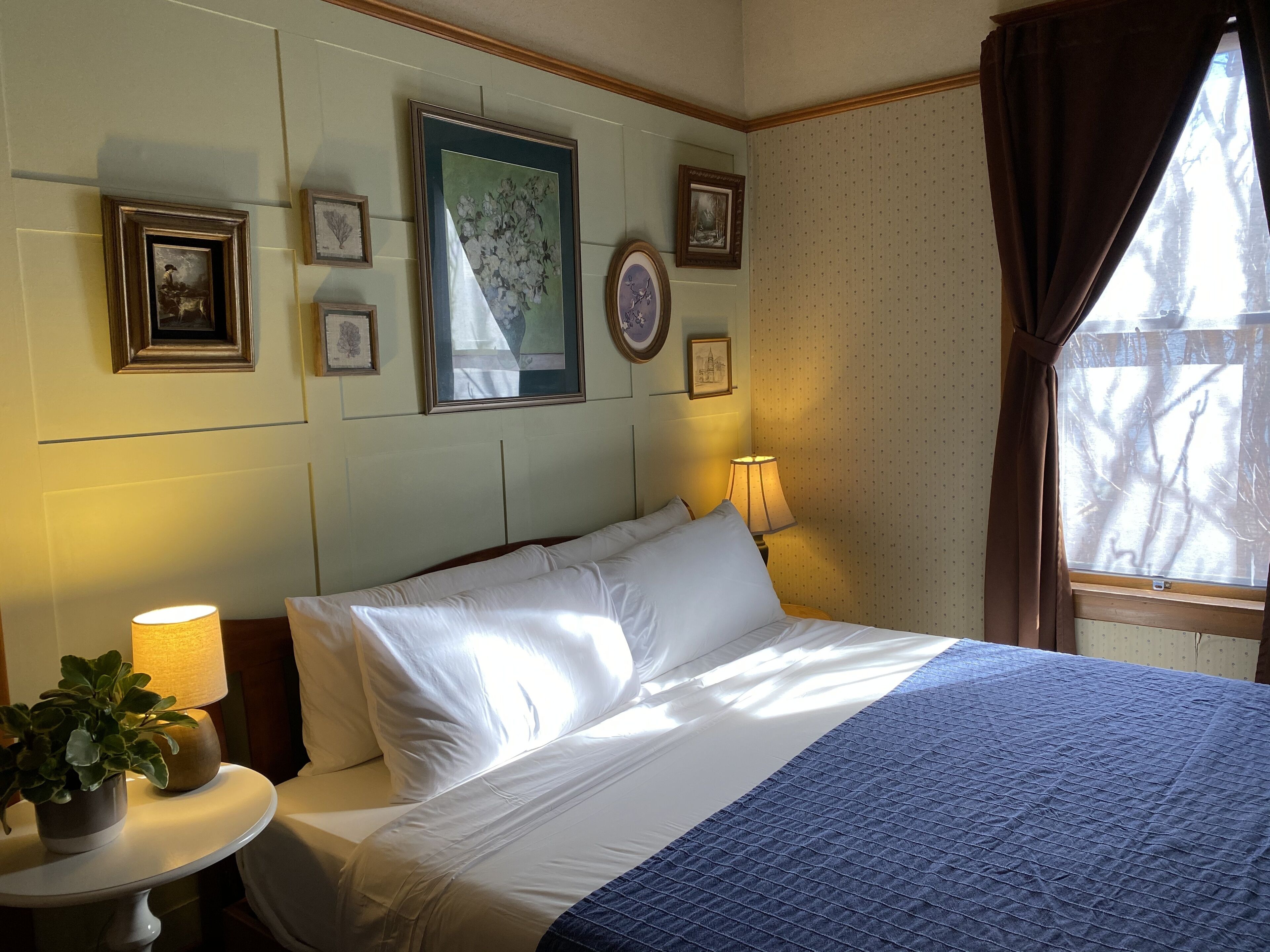 A neatly made bed with white linens, a blue quilt, and a nightstand with a lamp and a potted plant.