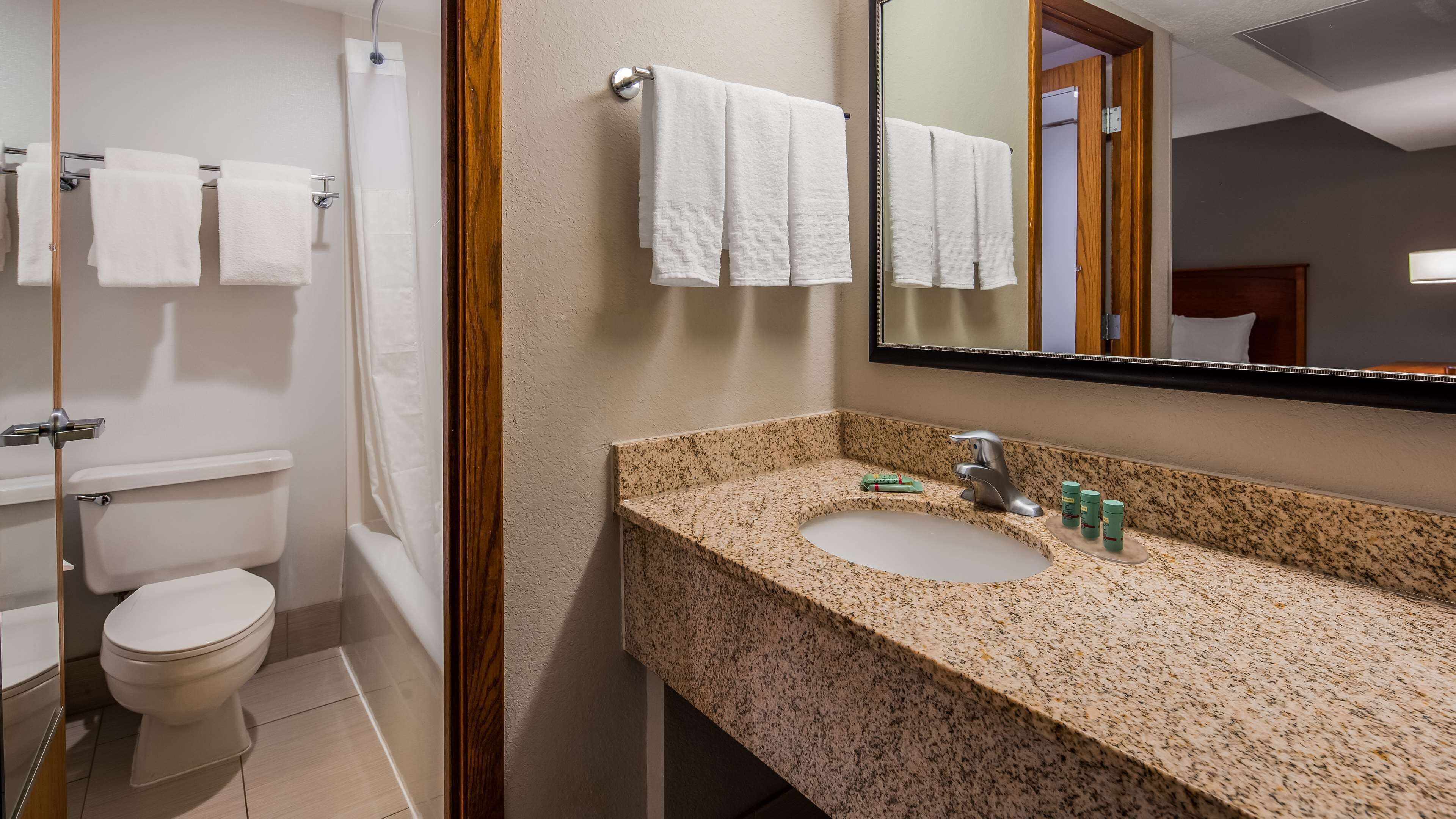 A bathroom with a toilet, a shower, a sink with toiletries, and a mirror.