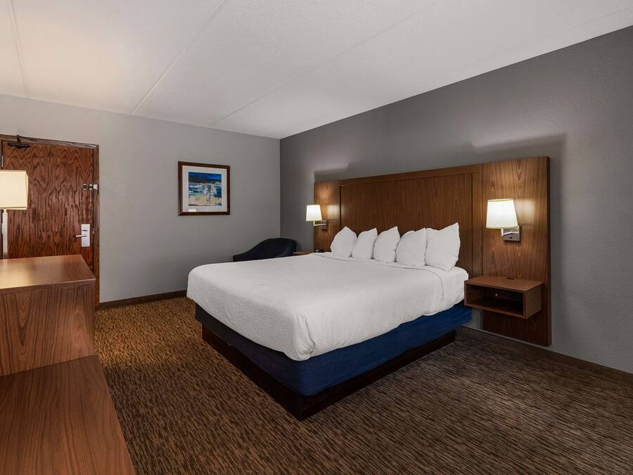 A hotel room with a large bed, two bedside tables with lamps, a wooden headboard, a framed picture on the wall, and a carpeted floor.