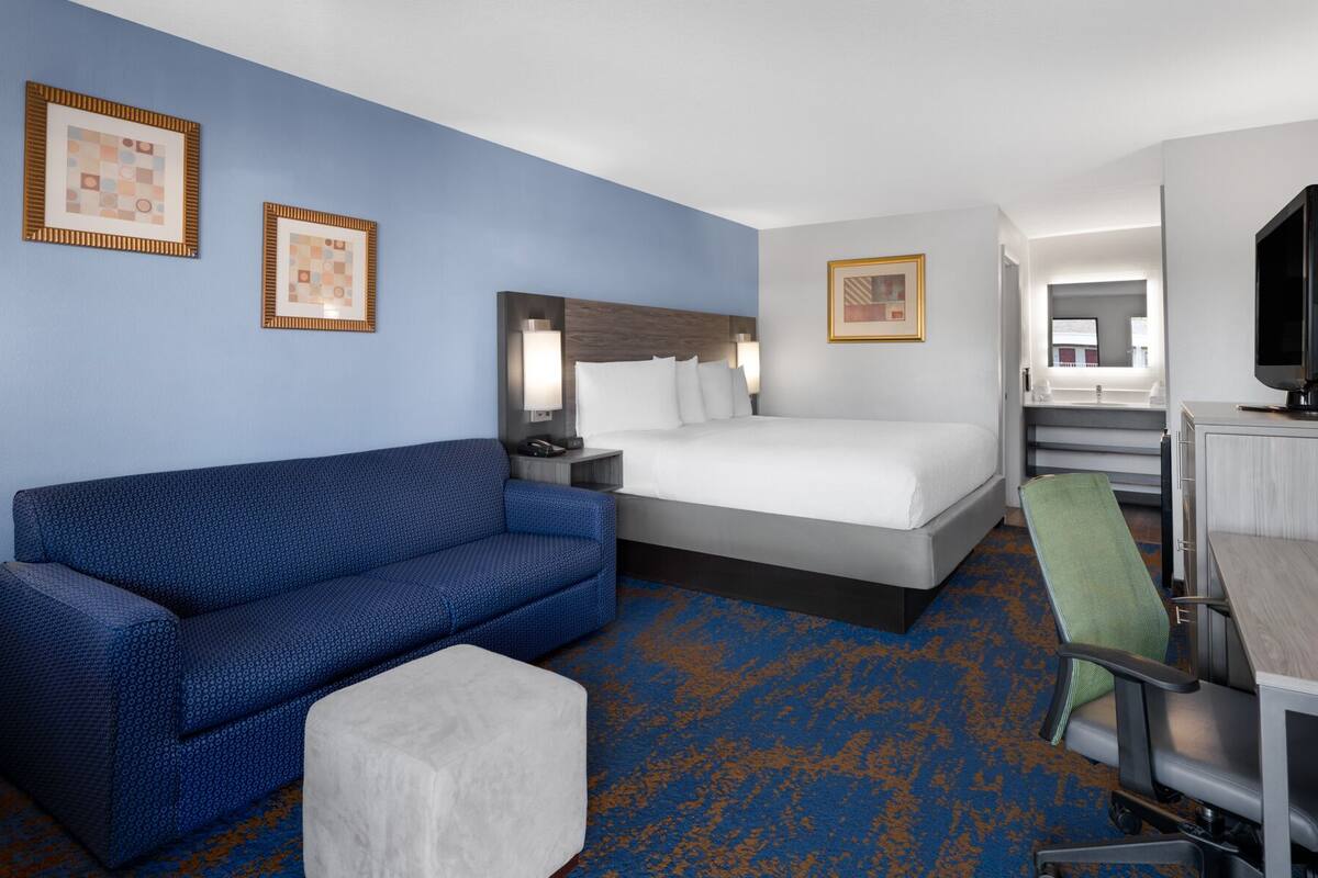 Une chambre d’hôtel équipée d’un lit, d’un canapé, d’un bureau et d’une télévision.