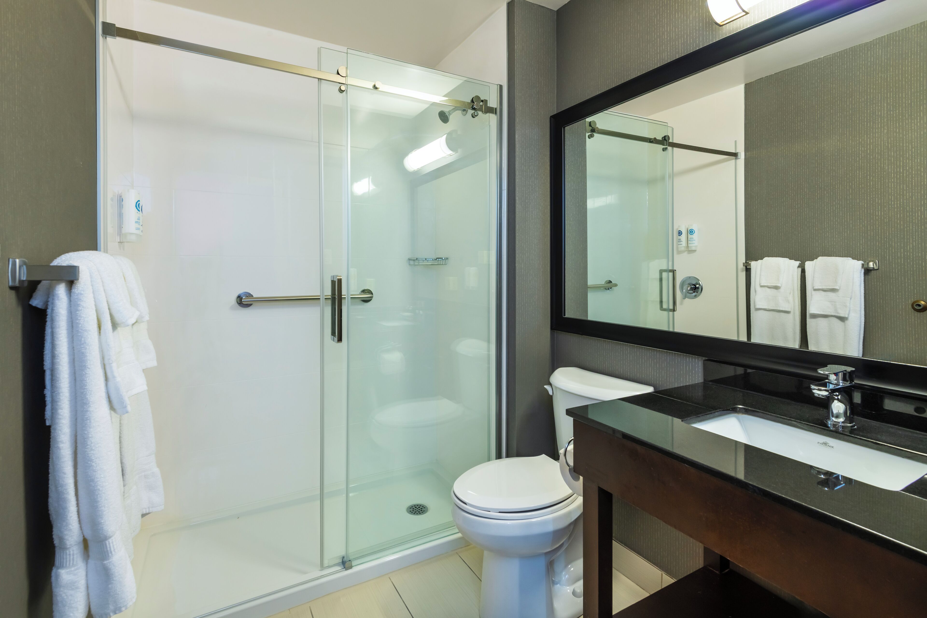 Une salle de bain moderne avec une douche à parois de verre, des toilettes blanches et un grand miroir au-dessus d’un grand lavabo sur un plan de toilette foncé.