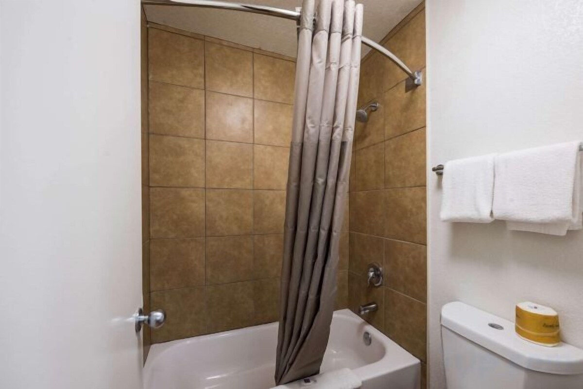 A bathroom with a bathtub, a toilet, and a shower curtain.