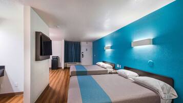 Desk, laptop workspace, free WiFi, bed sheets