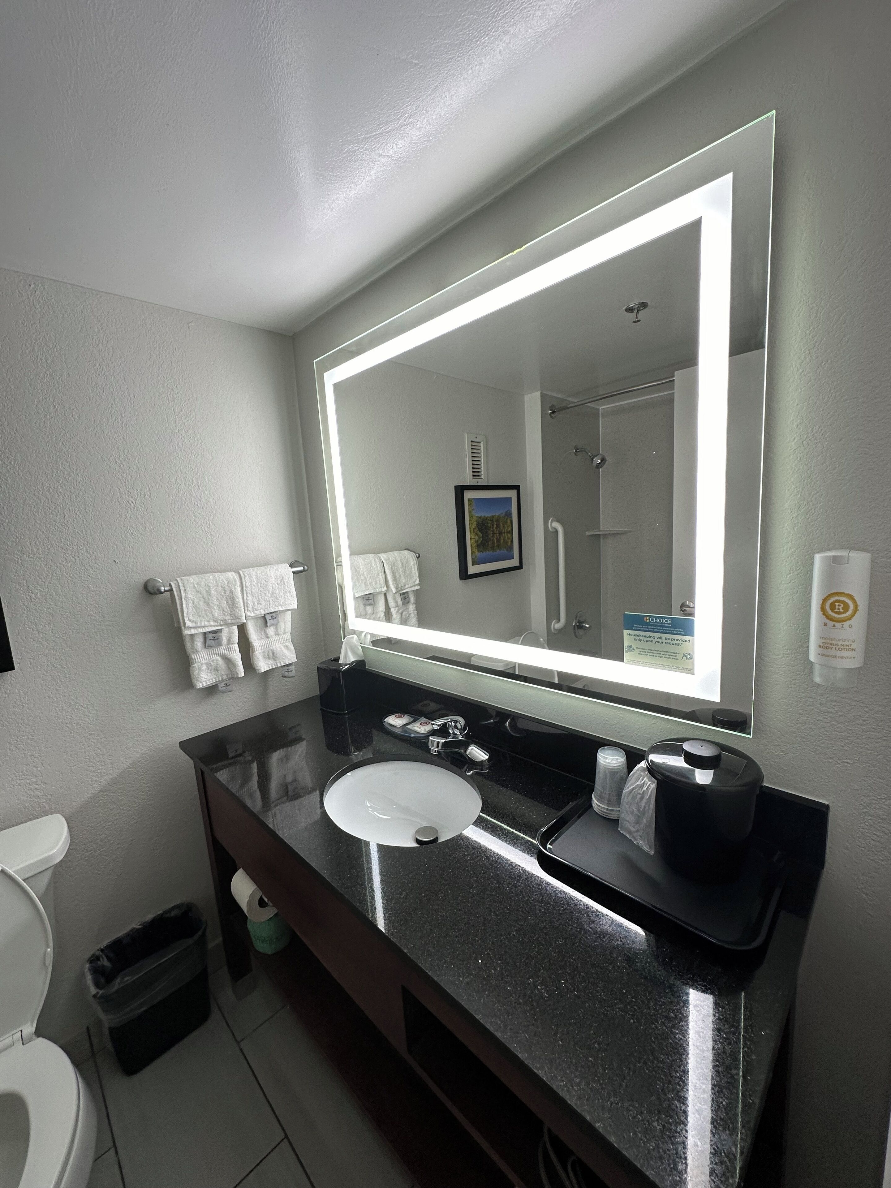 combined shower/bathtub, hair dryer, towels