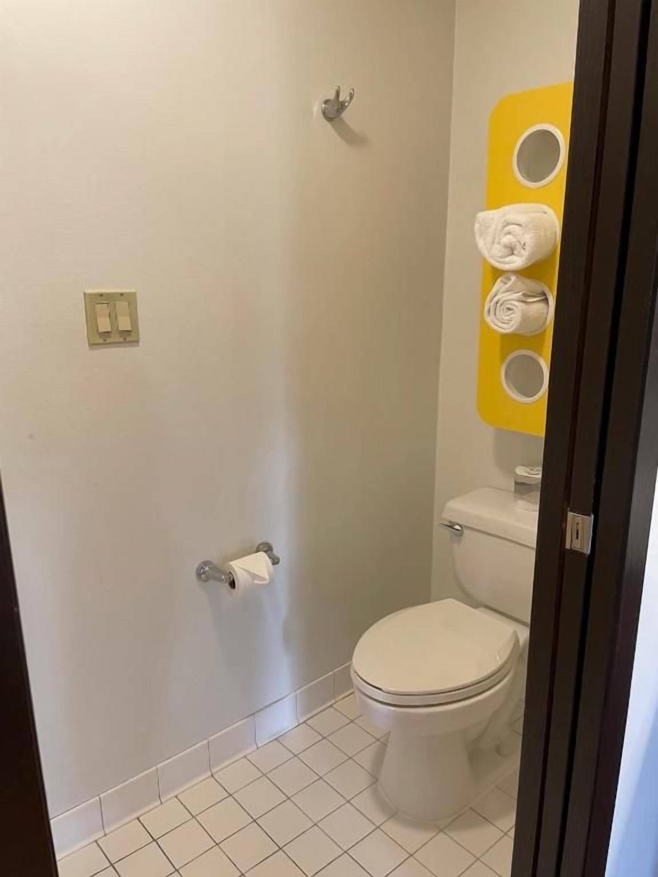 Un baño con inodoro, toallero y zona de ducha.