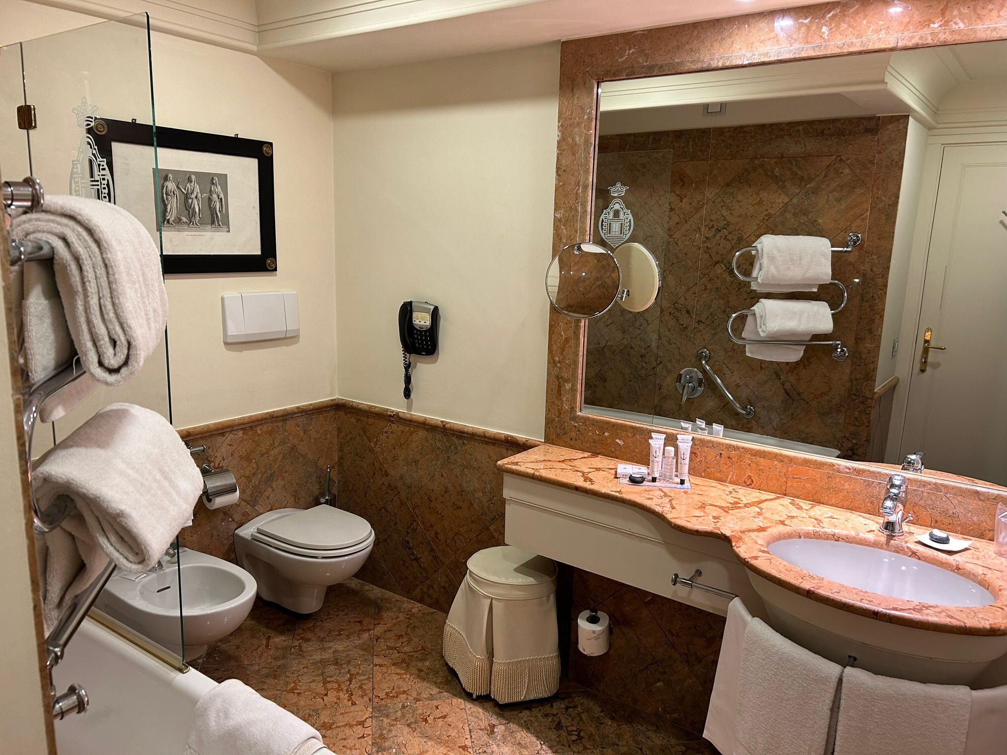 combined shower/bathtub, free toiletries, hair dryer, bathrobes