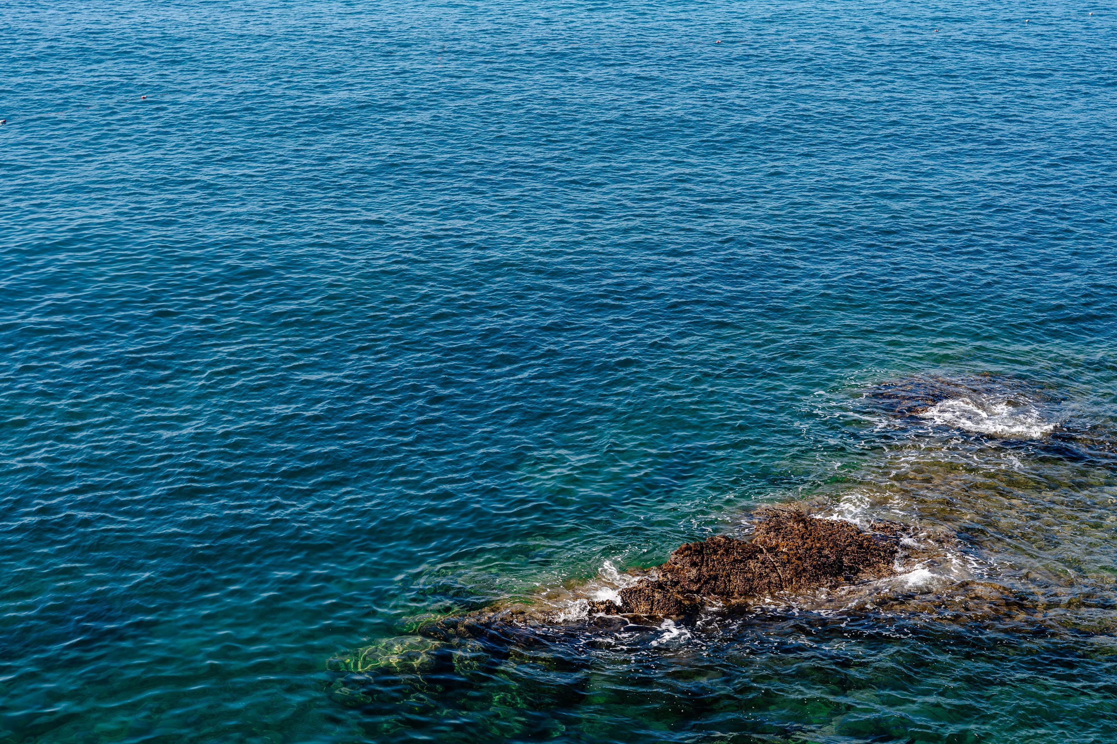 A clear view of a rocky shoreline with calm water.