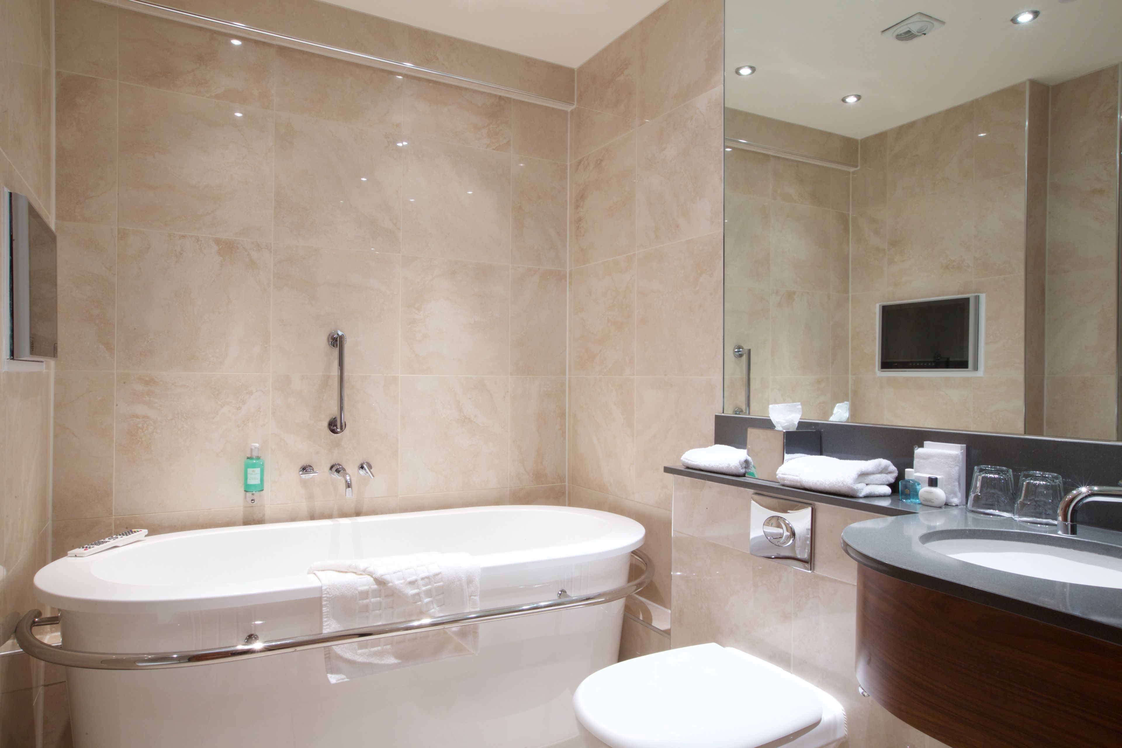 A modern bathroom with a freestanding bathtub, a toilet, and a vanity with a sink.