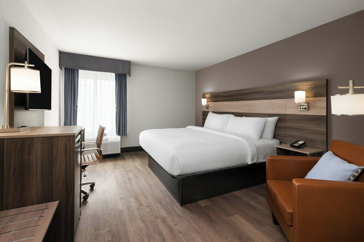 Premium bedding, desk, laptop workspace, blackout curtains