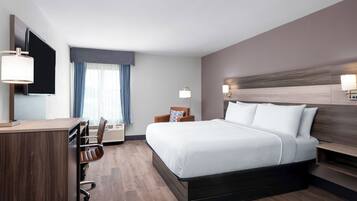 Desk, laptop workspace, blackout curtains, soundproofing