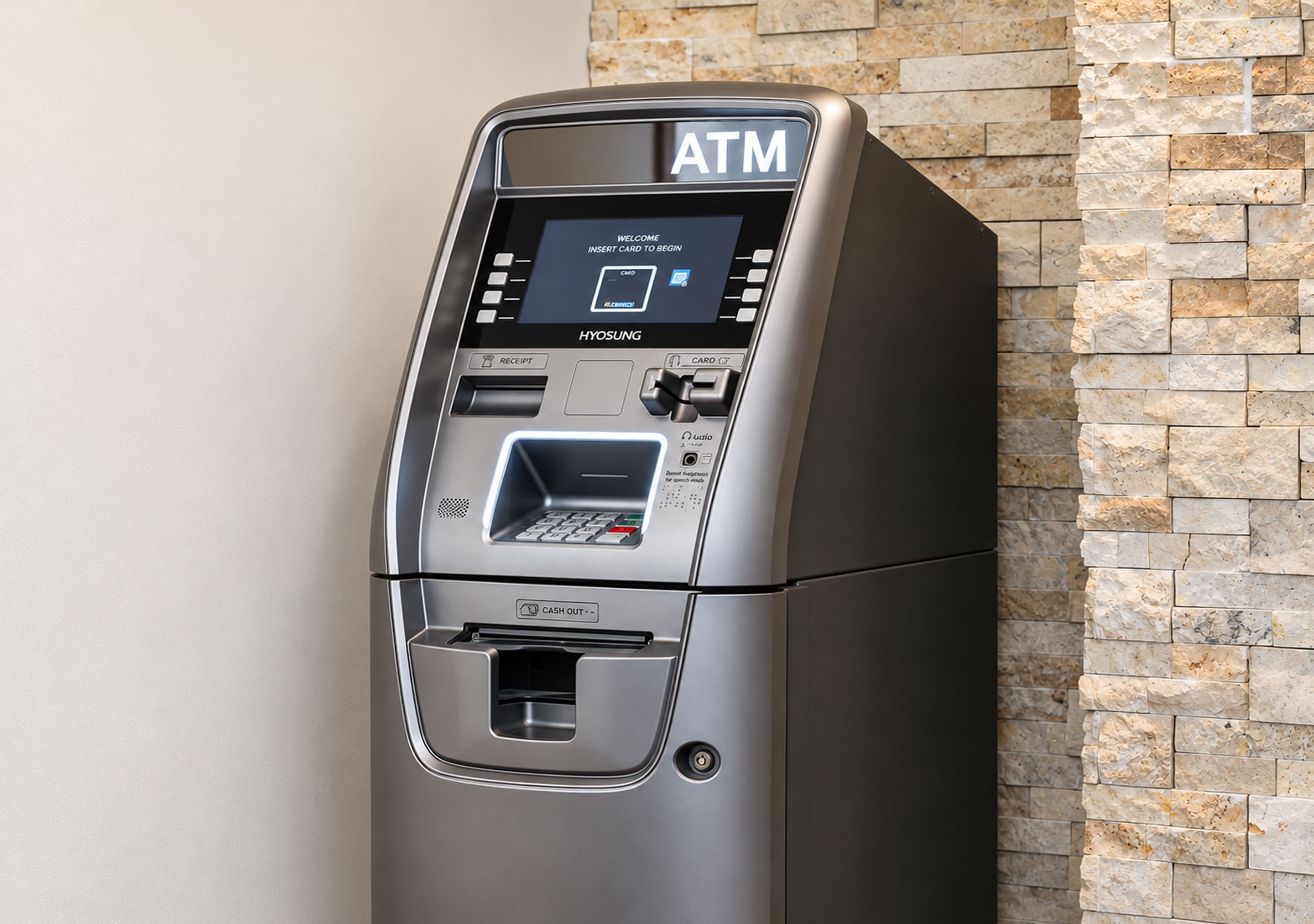 An ATM machine with a digital screen, card slot, cash withdrawal slot, and a keypad.