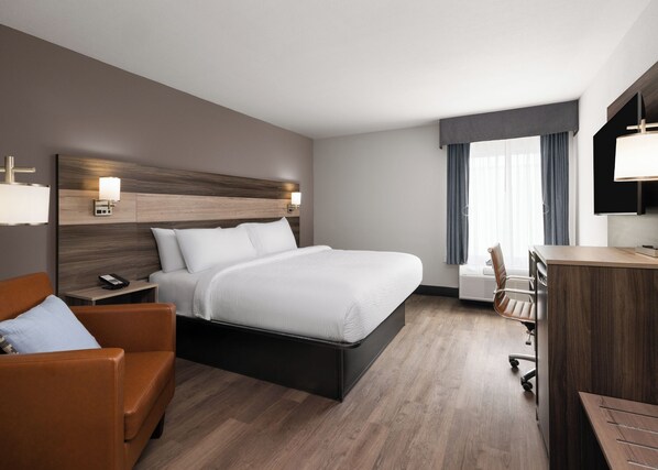 Una habitación de hotel con una cama, un escritorio, una silla, un sofá y un televisor.