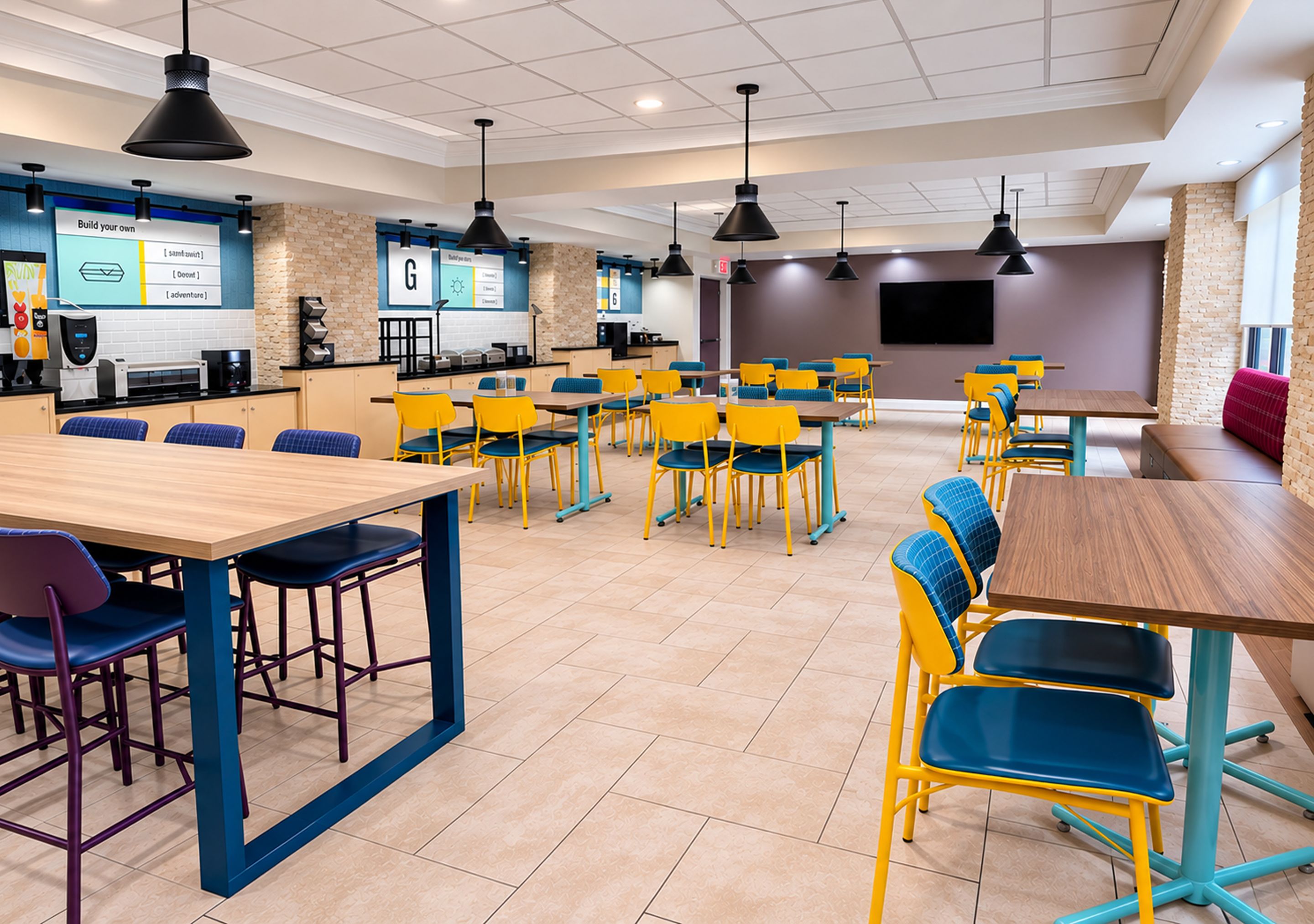 A modern cafeteria with multiple tables and chairs, a counter with a menu board, and a television screen.