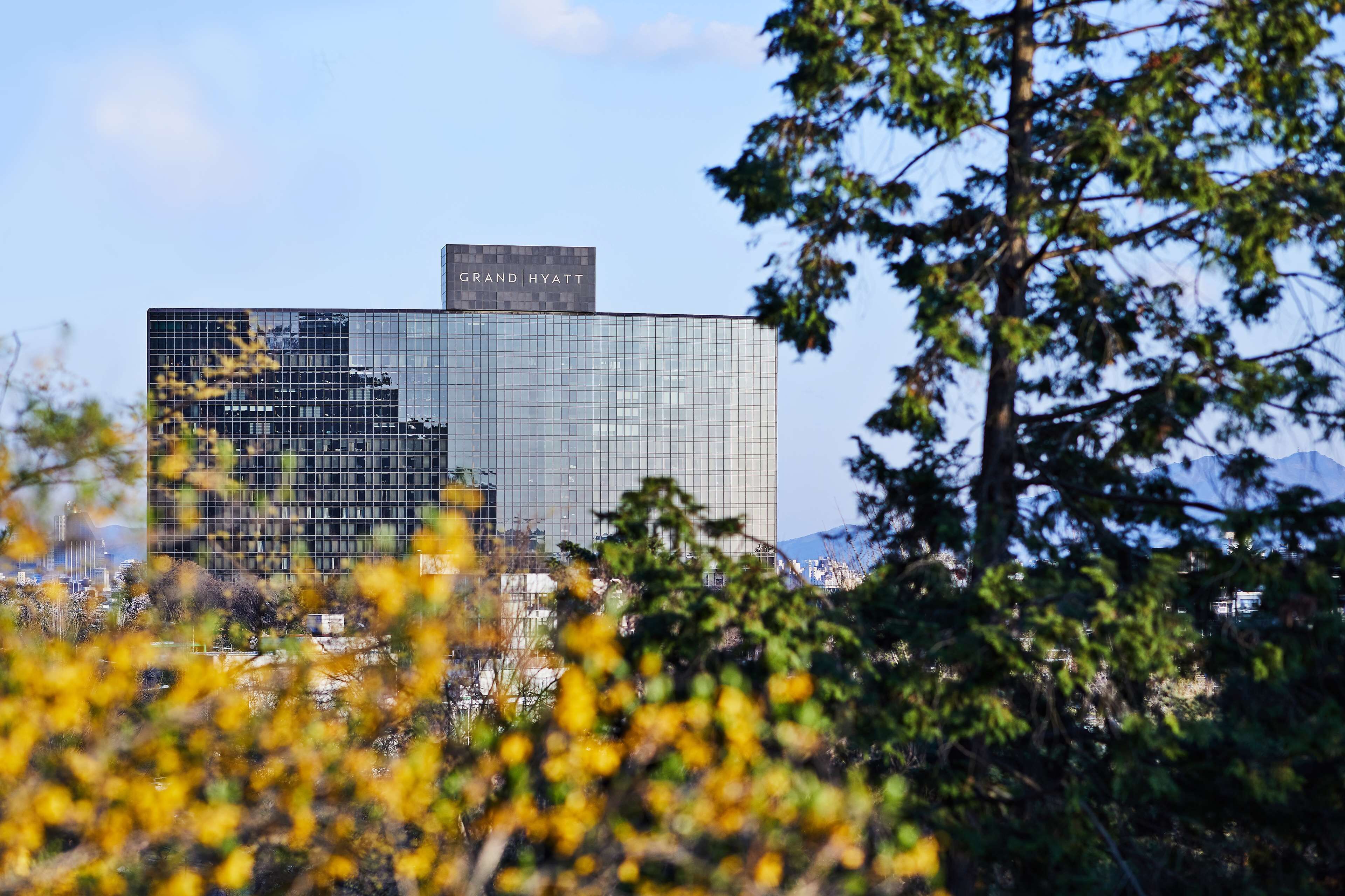 A modern hotel building with a glass facade and a sign reading "Grand Hyatt".