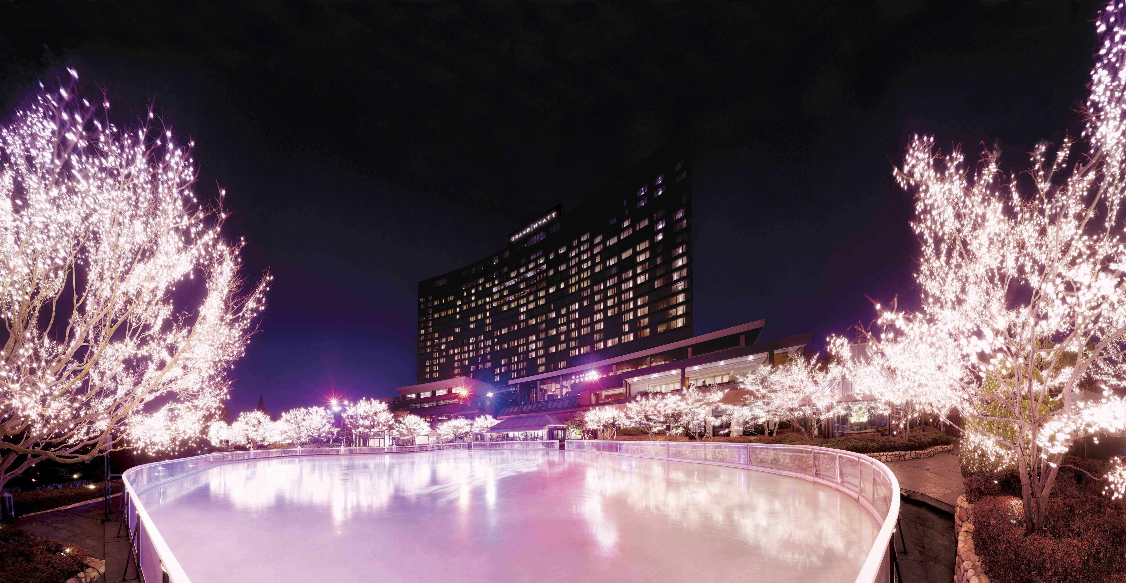 A nighttime view of a hotel with a large building in the background, a reflective pool in the foreground, and trees with lights.