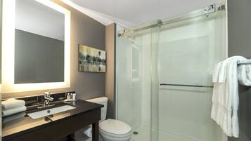 Combined shower/bathtub, free toiletries, hair dryer, towels