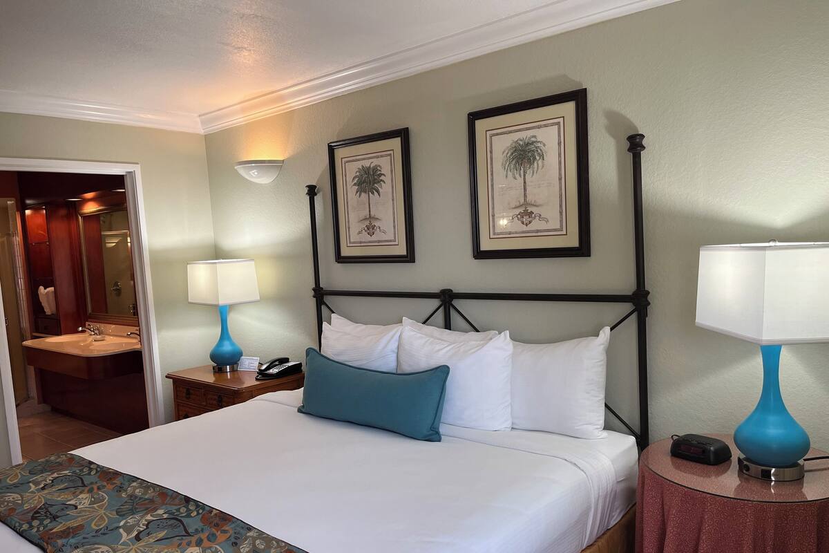 Een hotelkamer met een bed, twee wandlampen, een nachtkastje, een badkamer met een wastafel en spiegel, en twee ingelijste foto’s aan de muur.
