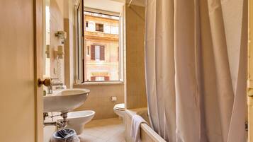 Shower, rainfall showerhead, eco-friendly toiletries, hair dryer