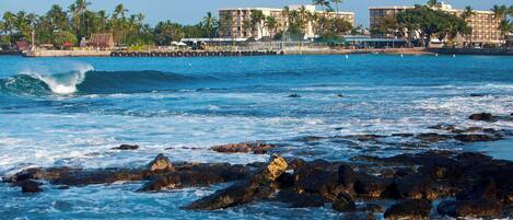 A coastal hotel with multiple buildings, a pier, and palm trees.