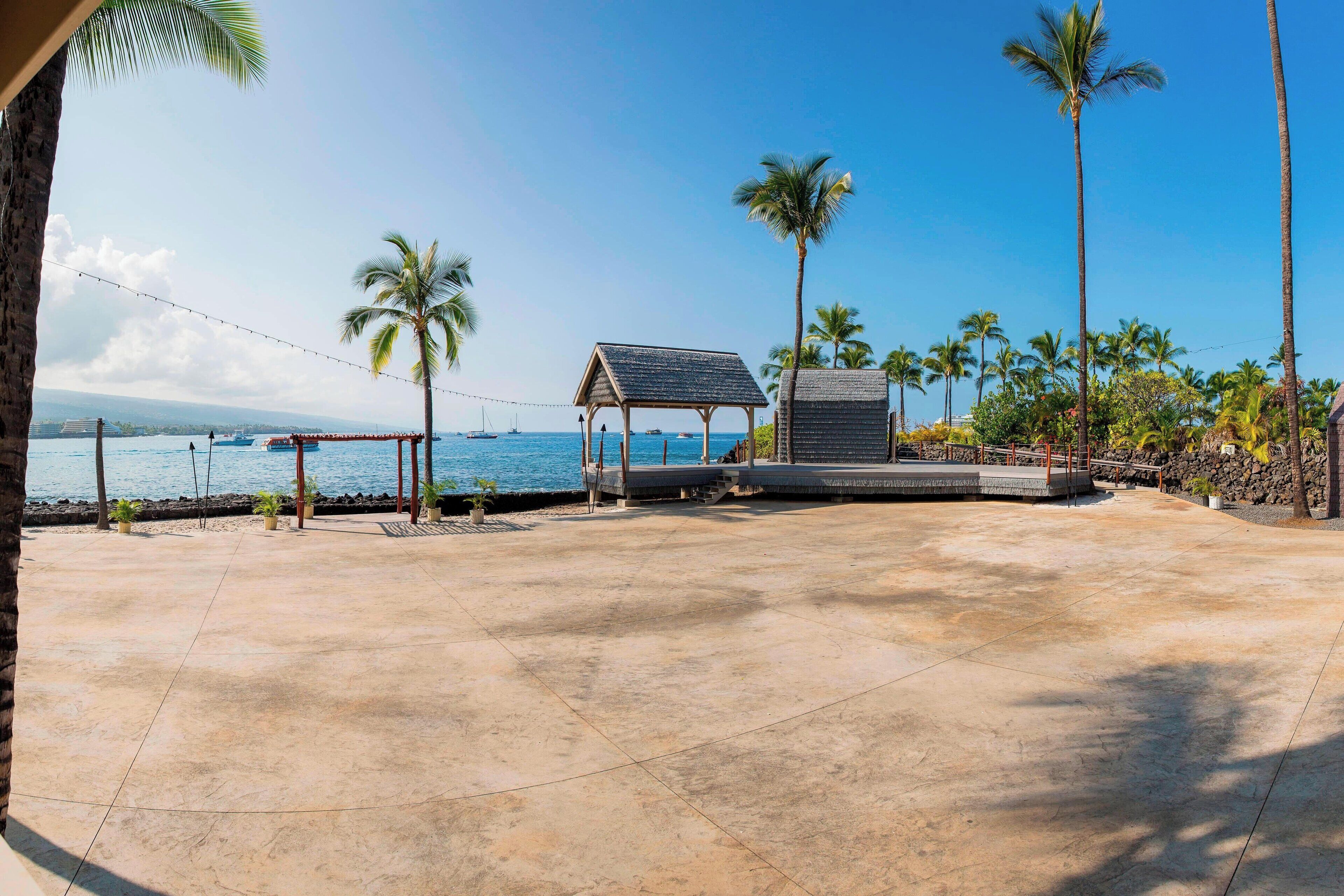 A beachside patio with a covered seating area, palm trees, and a view of the ocean.