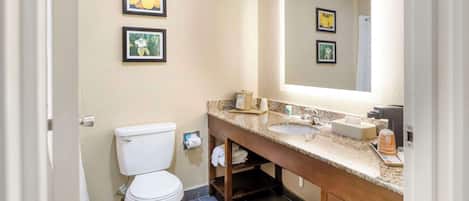 A bathroom with a toilet, sink, and mirror. There are framed pictures on the wall.