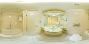 Combined shower/bathtub, hair dryer