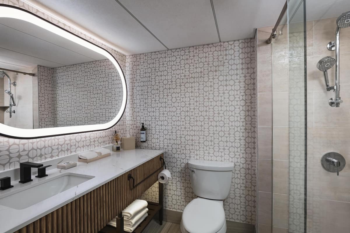 Shower, designer toiletries, hair dryer, towels