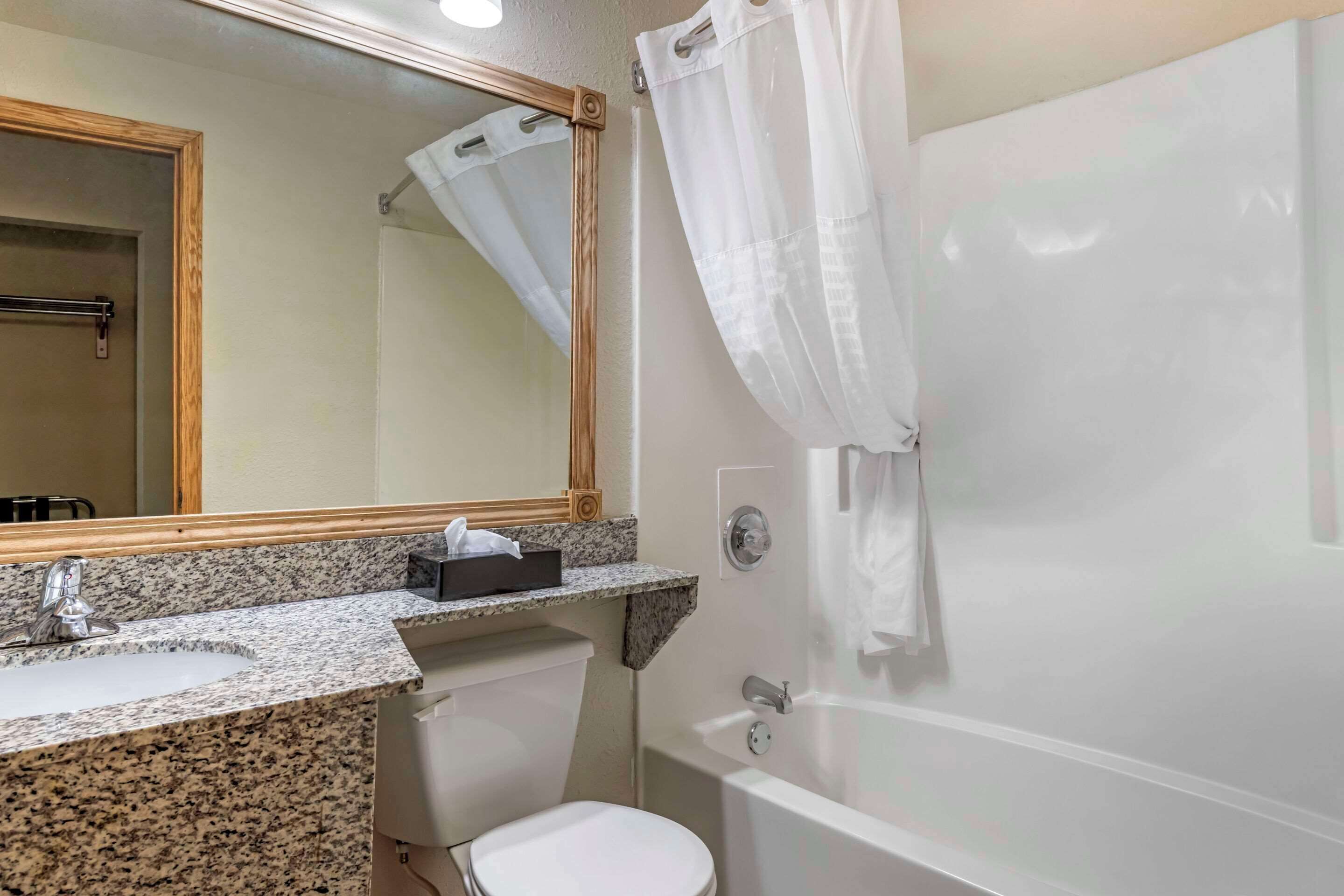 Une salle de bain avec un lavabo sur un plan de toilette en granit, des toilettes, une baignoire et un rideau de douche.