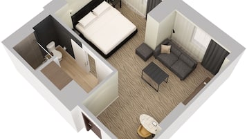 A 3D floor plan of a hotel room with a bed, sofa, armchair, small table, and a bathroom.