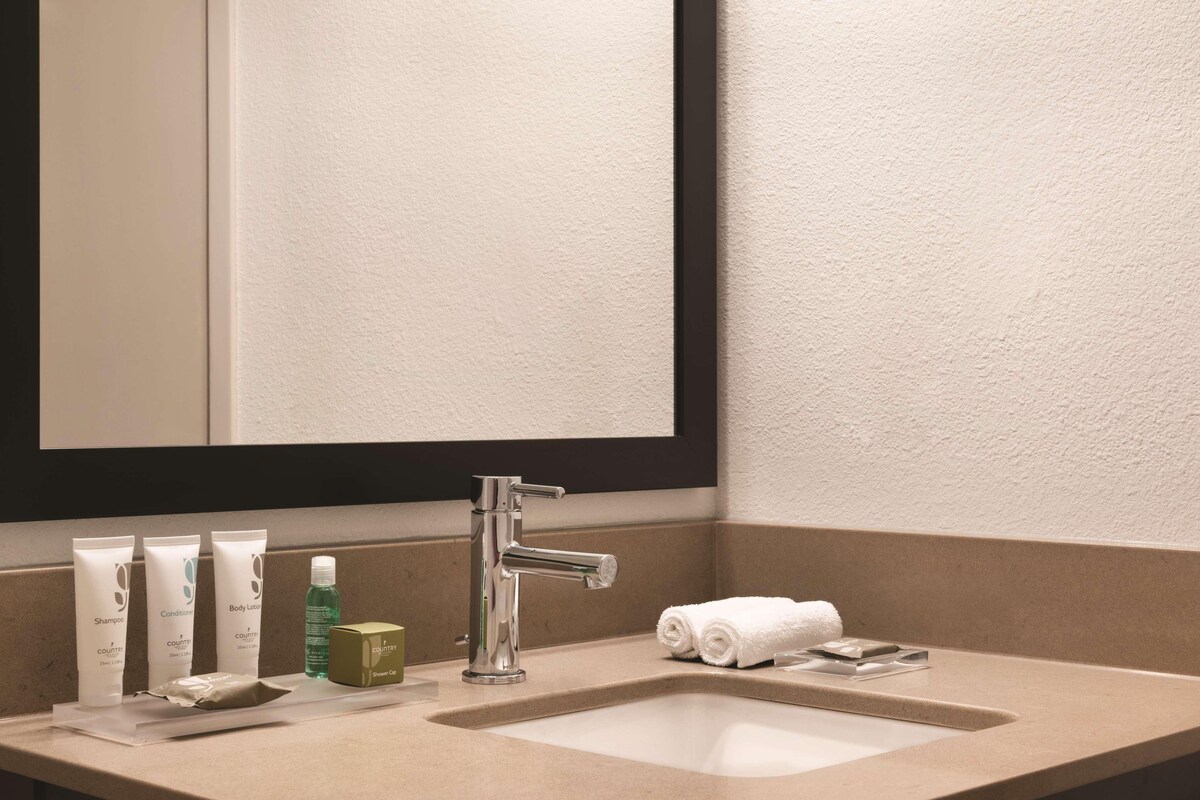 A bathroom with a sink, mirror, and toiletries including shampoo, conditioner, and body lotion.