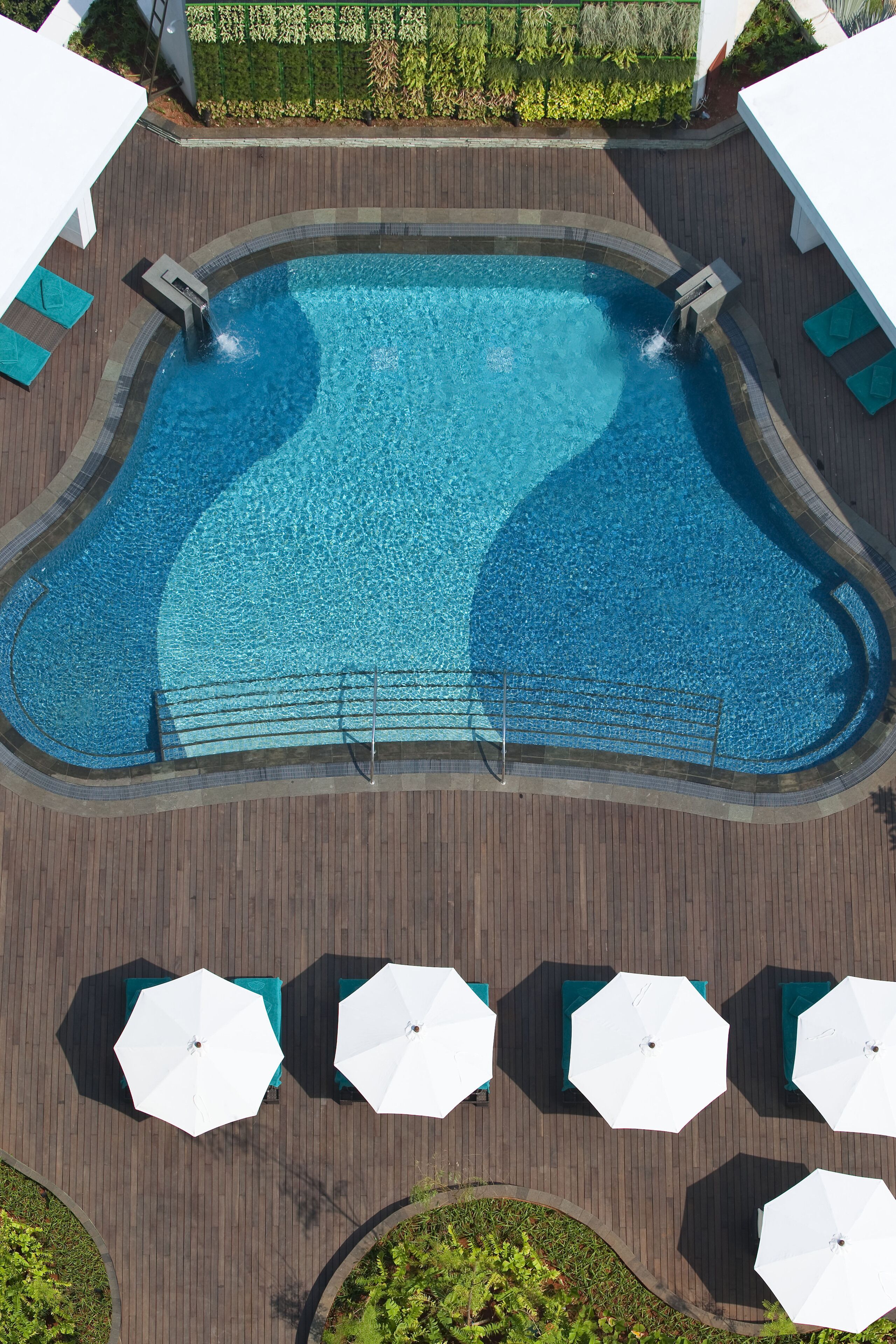 Vista aérea de una piscina con muelle de madera, rodeada de sombrillas blancas y un seto verde.