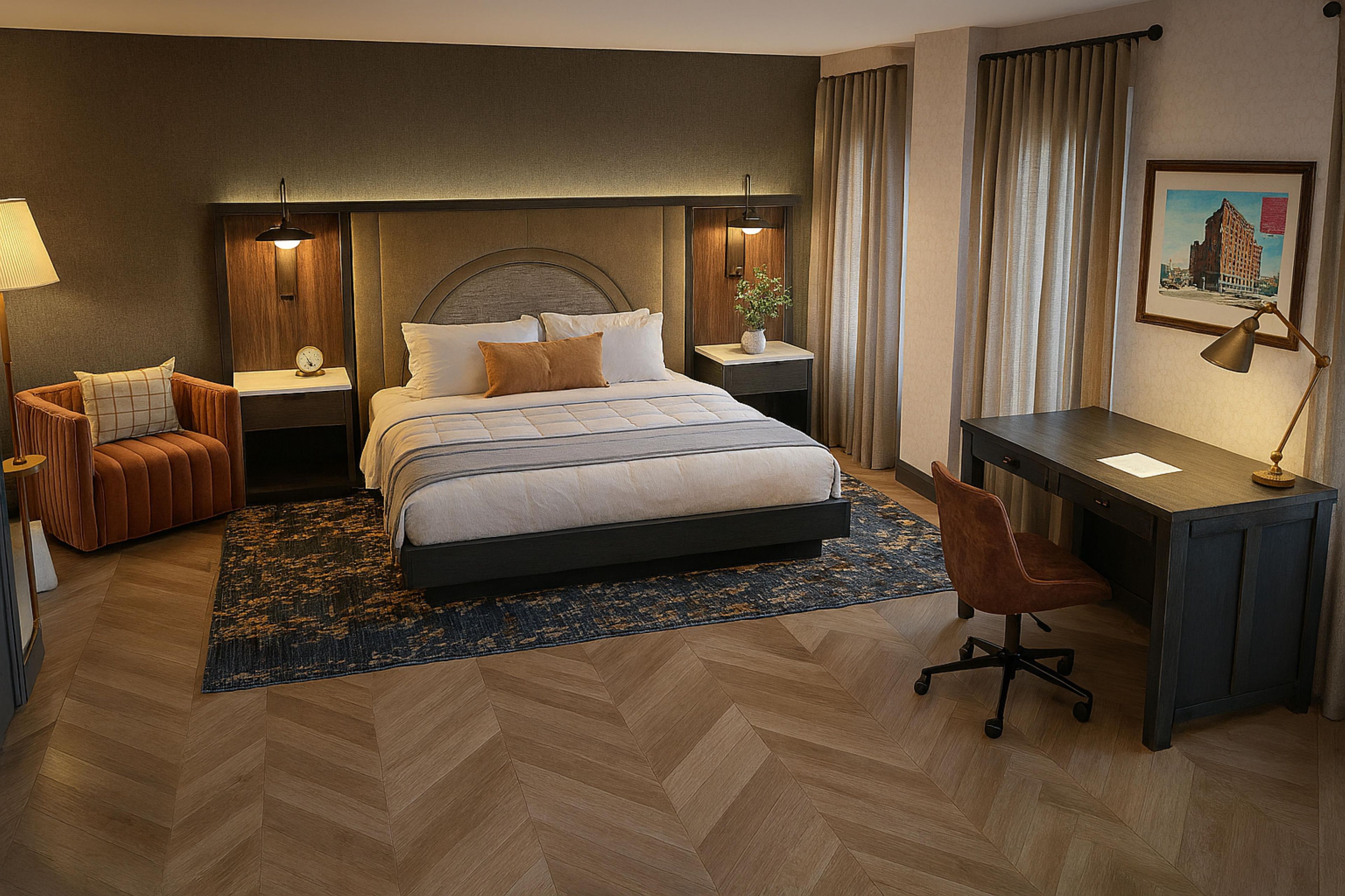 Une chambre d’hôtel équipée d’un lit, d’un bureau, d’une chaise, d’une table de chevet, d’une lampe et d’une horloge fixée au mur.