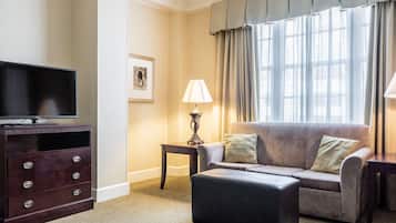 Suite, Non Smoking, Fireplace | Living area | 40-inch LCD TV with cable channels, TV