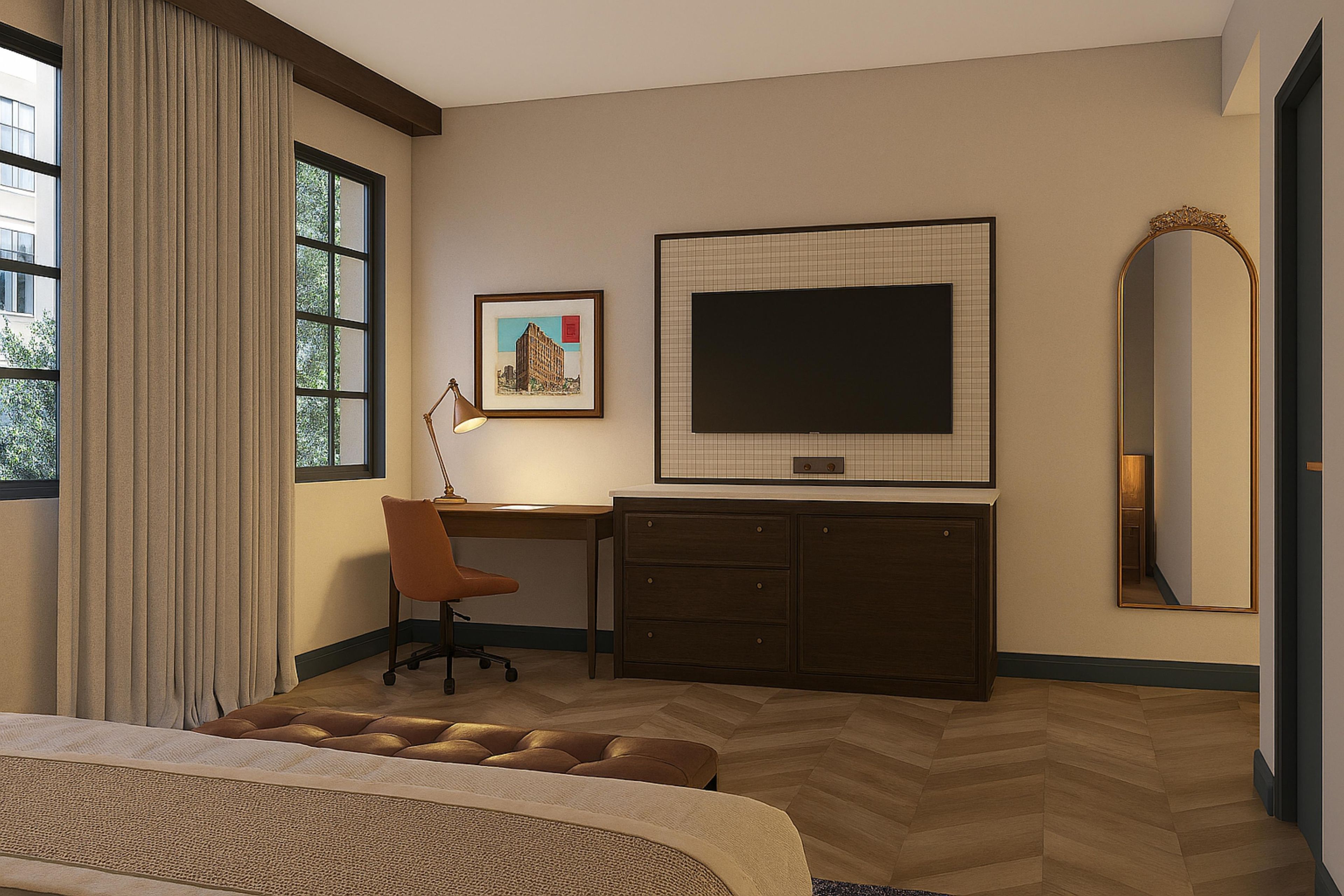 Un dormitorio con cama, escritorio, silla, televisor, espejo y ventana con cortinas.