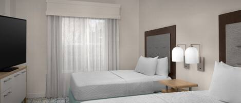 A hotel room with two beds, a TV, a small table, and a window with curtains.