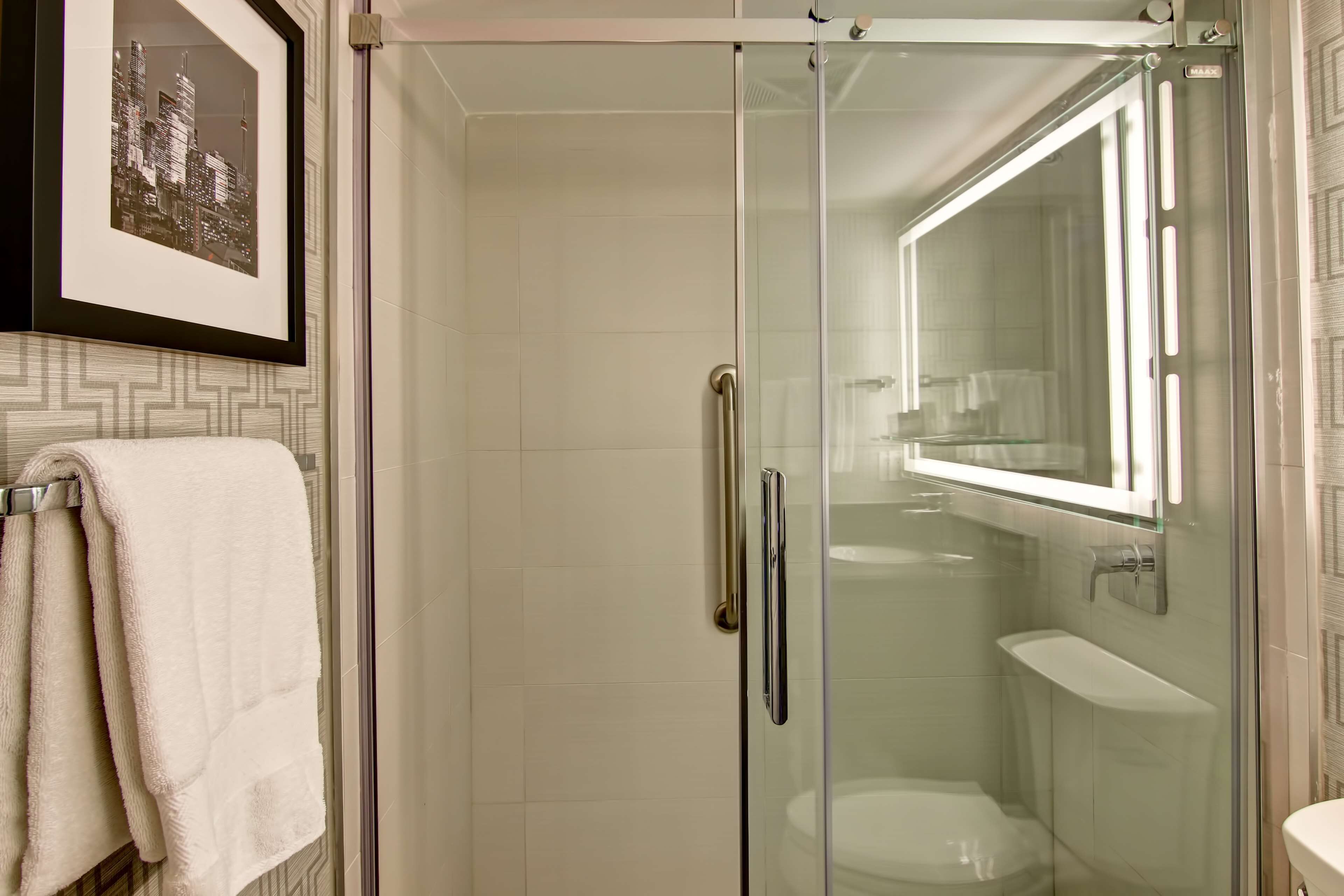 A glass-enclosed shower with a white toilet and a sink.