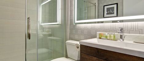 A modern bathroom with a glass shower enclosure, a toilet, and a vanity with a mirror above the sink.