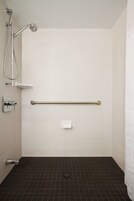 Een douchegedeelte met een handgreep, een handdoekdispenser en een afvoer.