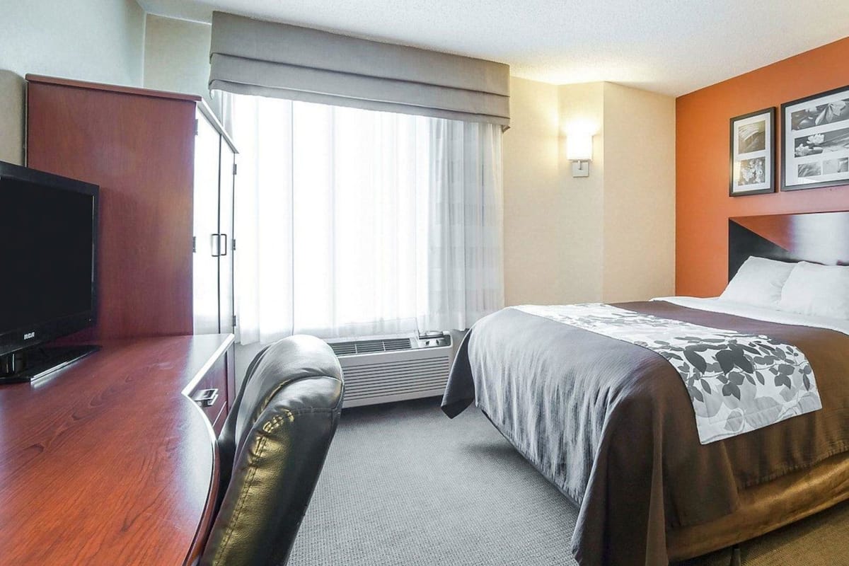 Habitación de hotel con cama, escritorio con televisor, silla, ventana con cortinas y pared con cuadros enmarcados.