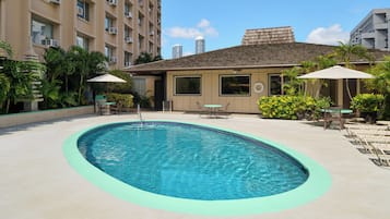 Outdoor pool, pool umbrellas, pool loungers