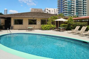 Outdoor pool, pool umbrellas, pool loungers