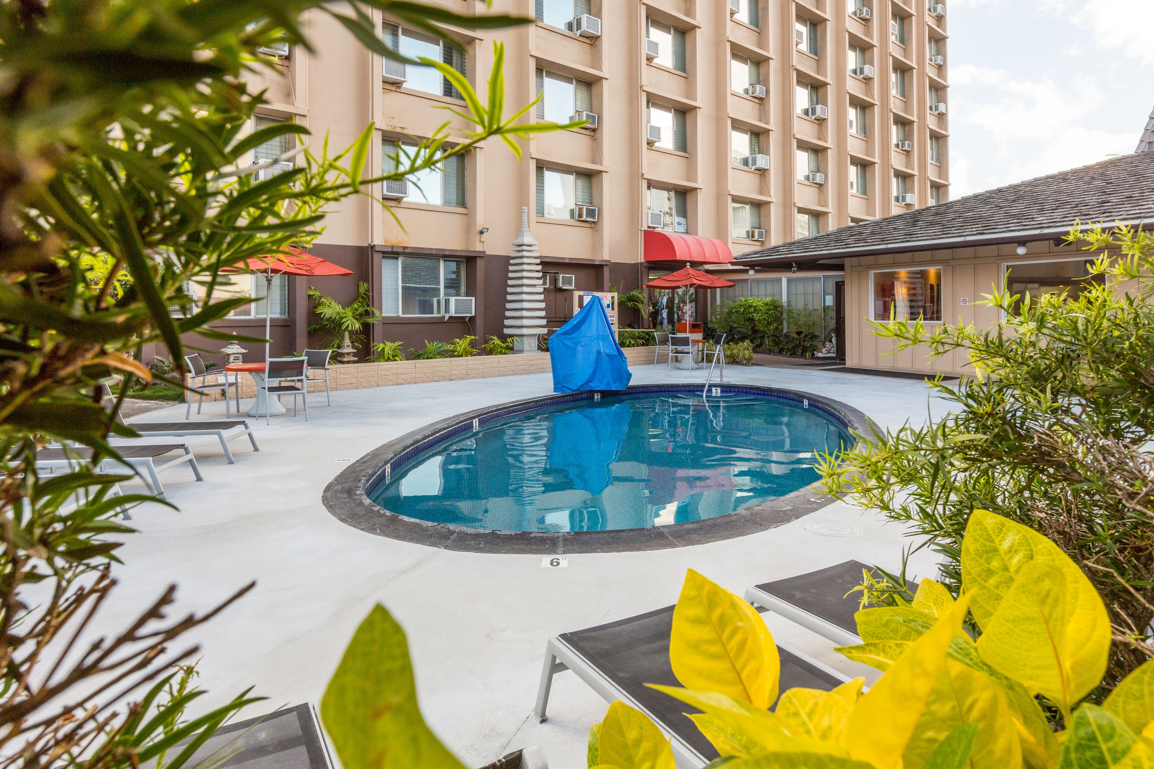 Piscina externa, guarda-sóis, espreguiçadeiras