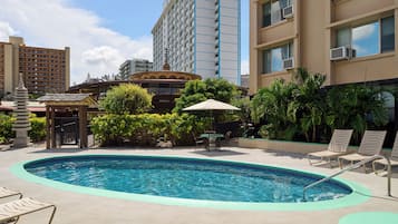 Utendørsbasseng, bassengparasoller og solsenger