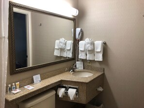 Combined shower/bathtub, free toiletries, hair dryer, towels