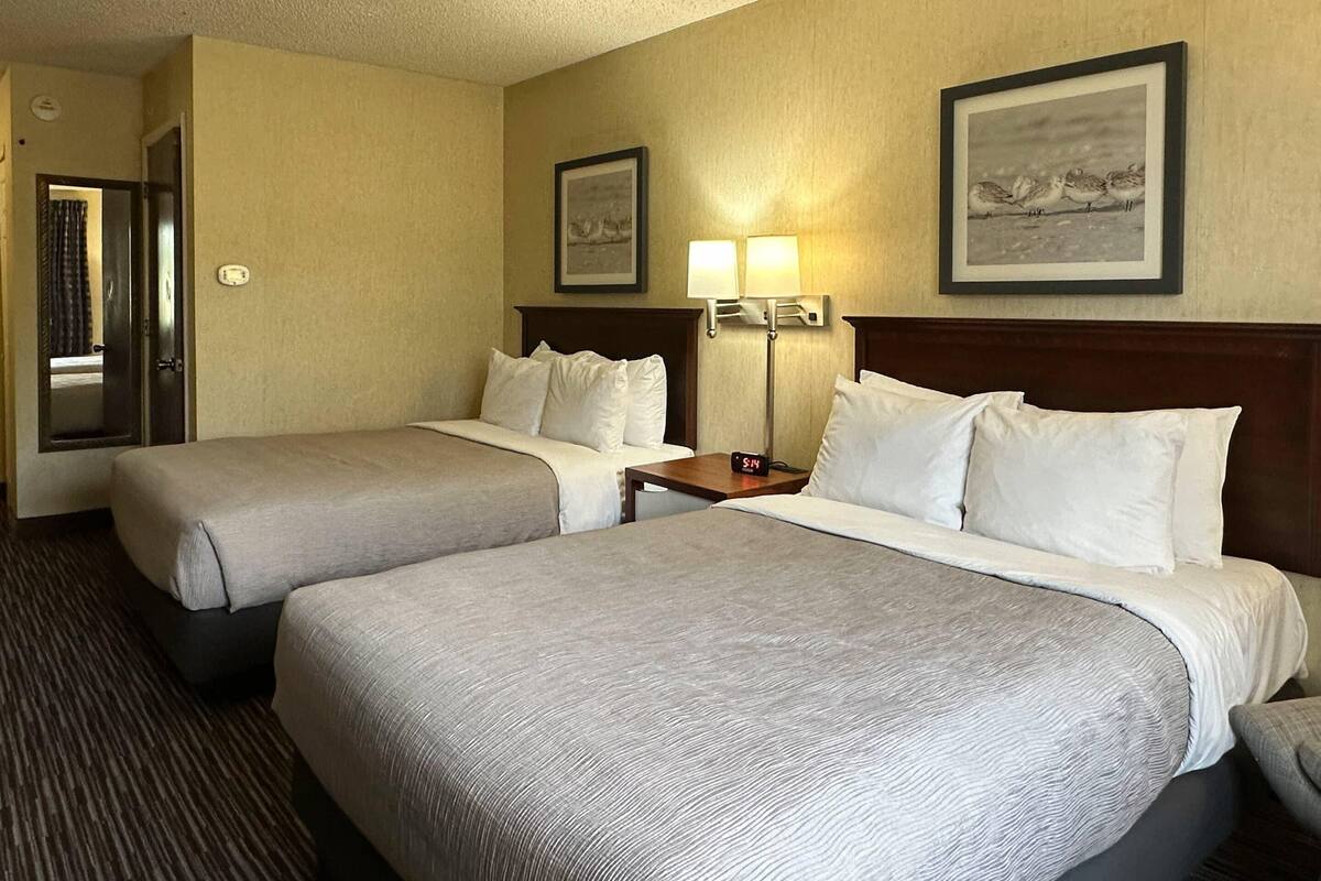 A hotel room with two beds, a nightstand with a lamp, and a framed picture on the wall.